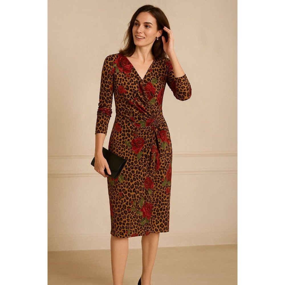 Boston Proper Brown Leopard Print Wrap Dress with Red Rose Accents